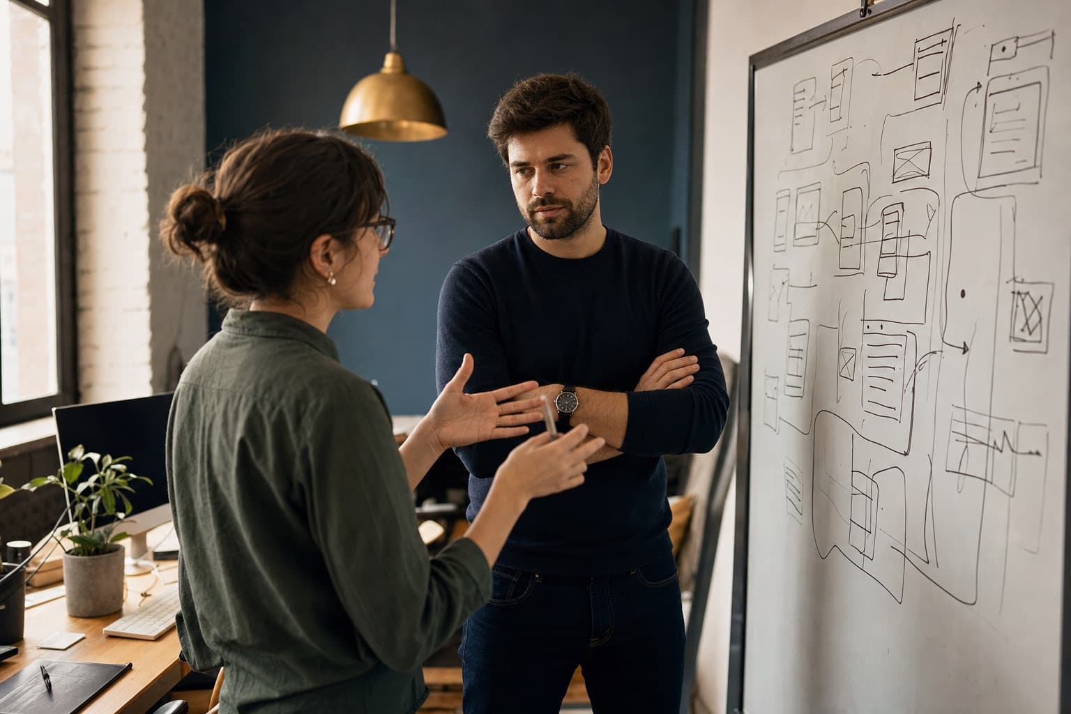 Two engineers working through a system diagram at a whiteboard