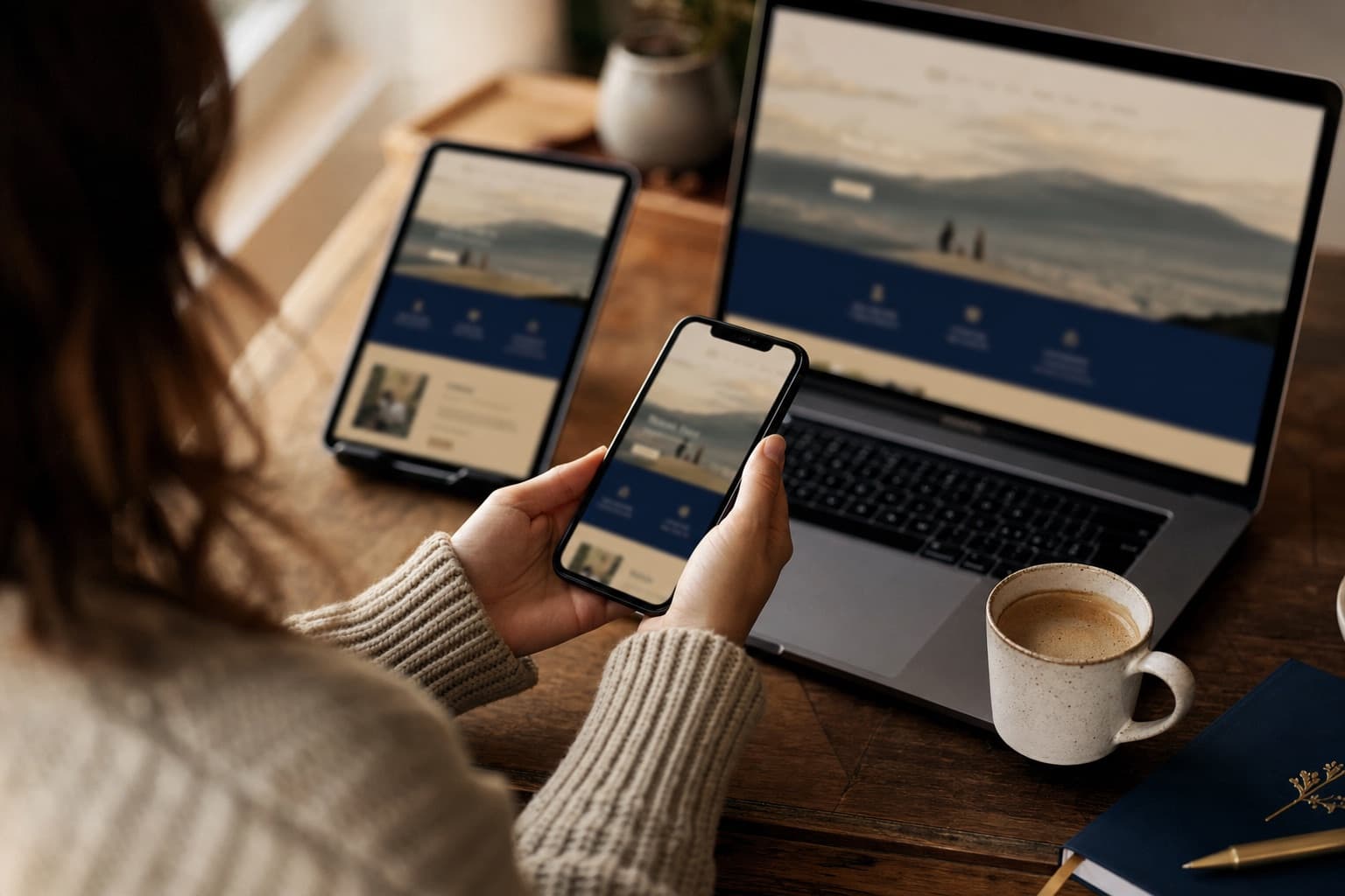 Hands holding a phone beside a laptop and tablet showing the same calm interface