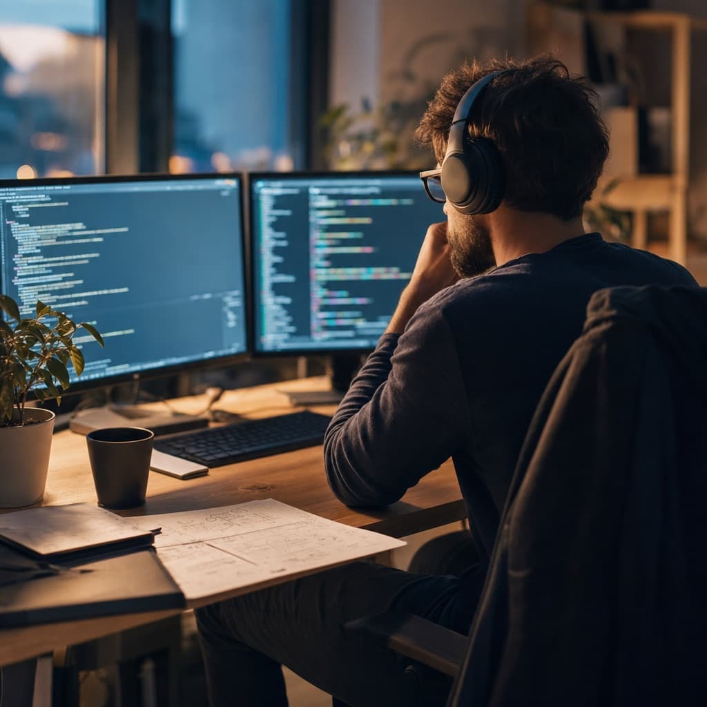 An engineer working with deep focus at a desk in evening light